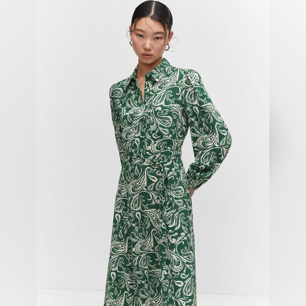MNG Mango Flower Print Dress Maxi Flowy Floral Lined Green Size 6